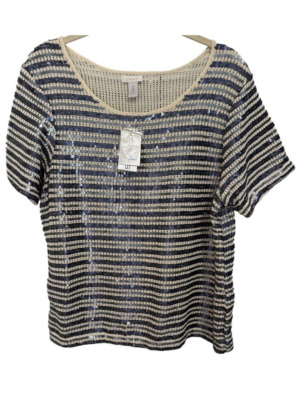 NWT Chicos Starlet Sequin Stripe Sz 2 (Large) Navy Blue Stretch Crochet Top